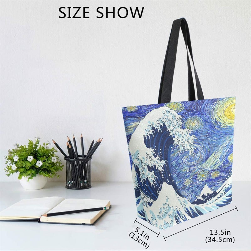 Naanle Starry Sky Canvas Tote Bag Large Women Casual Shoulder Bag Handbag, Japanese Sea Wave Reusable Multipurpose Heavy Duty Shopping Grocery Cotton Bag for Outdoors. - Image 5